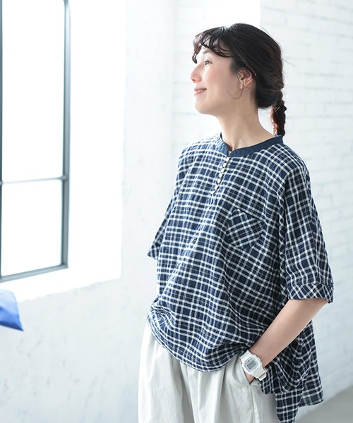 soulberry（ソウルベリー）の「風待ちチェックのプルオーバー（シャツ/ブラウス・レディース・ネイビー・5L/4L/3L/LL/L/M）」の3枚目の写真