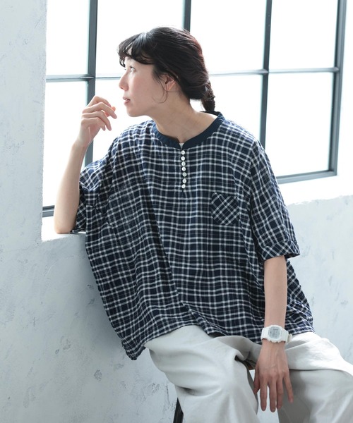 soulberry（ソウルベリー）の「風待ちチェックのプルオーバー（シャツ/ブラウス・レディース・ネイビー・5L/4L/3L/LL/L/M）」の6枚目の写真