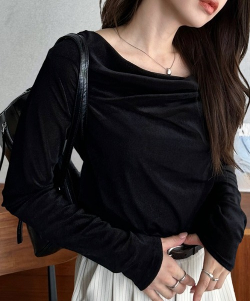 Eclat one(エクラワン)の「【Eclat one】フロント ドレープ シアー ベロア カットソー(Tシャツ/カットソー・レディース・ブラック/グレー/ブラウン・FREE)」の1枚目の写真