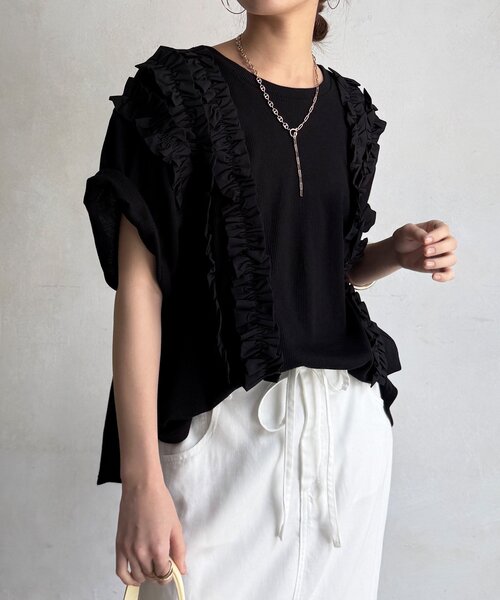 DouDou(ドゥドゥ)の「【WEB限定】ランダムフリルワッフル半袖トップス(Tシャツ/カットソー・レディース・ブラック/オフホワイト/ピンク/チャコールグレー・FREE)」の2枚目の写真