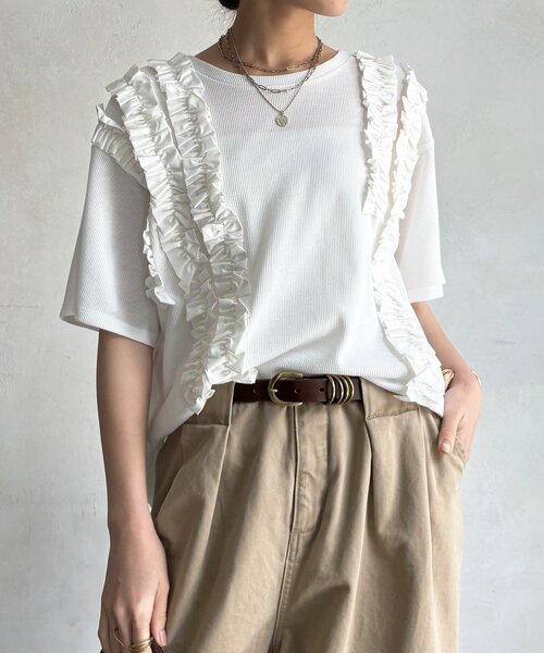 DouDou(ドゥドゥ)の「【WEB限定】ランダムフリルワッフル半袖トップス(Tシャツ/カットソー・レディース・ブラック/オフホワイト/ピンク/チャコールグレー・FREE)」の10枚目の写真