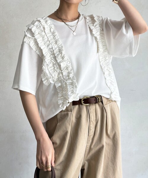 DouDou(ドゥドゥ)の「【WEB限定】ランダムフリルワッフル半袖トップス(Tシャツ/カットソー・レディース・ブラック/オフホワイト/ピンク/チャコールグレー・FREE)」の11枚目の写真