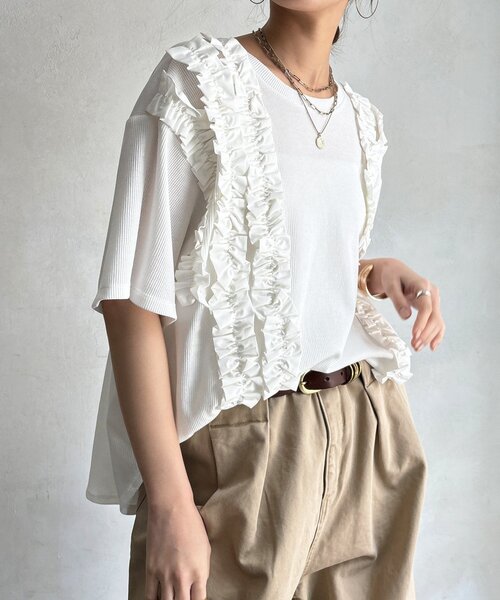 DouDou(ドゥドゥ)の「【WEB限定】ランダムフリルワッフル半袖トップス(Tシャツ/カットソー・レディース・ブラック/オフホワイト/ピンク/チャコールグレー・FREE)」の12枚目の写真