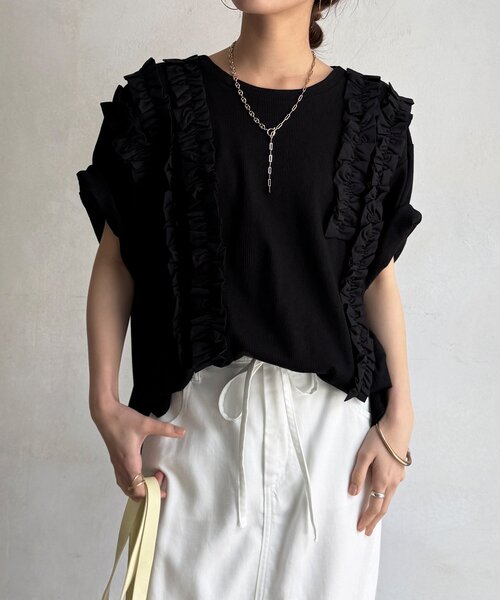 DouDou(ドゥドゥ)の「【WEB限定】ランダムフリルワッフル半袖トップス(Tシャツ/カットソー・レディース・ブラック/オフホワイト/ピンク/チャコールグレー・FREE)」の19枚目の写真