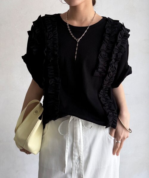 DouDou(ドゥドゥ)の「【WEB限定】ランダムフリルワッフル半袖トップス(Tシャツ/カットソー・レディース・ブラック/オフホワイト/ピンク/チャコールグレー・FREE)」の21枚目の写真