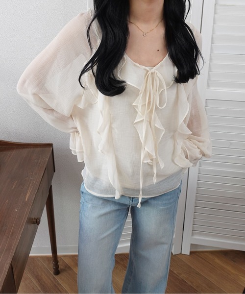 unnu(ユヌ)の「ラッフルフリル シアーブラウス(シャツ/ブラウス・レディース・ブラウン/ホワイト・F)」の17枚目の写真