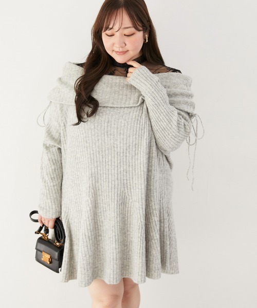 SMILE LAND(スマイルランド)の「<大きいサイズ>【らめちゃんコラボ】2Wayドロストニットワンピース(ワンピース・レディース・ピンクベージュ/グレー・4L/3L/LL/L/5L)」の1枚目の写真