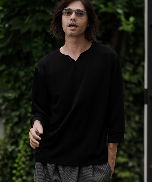 CAMBIO(カンビオ)の「mlt5877- ポンチ7分袖キーネックカットソー(BP-BFA0162)(Tシャツ/カットソー・メンズ・ホワイト/ブラック/ネイビー/グレー・S/M/L)」の1枚目の写真