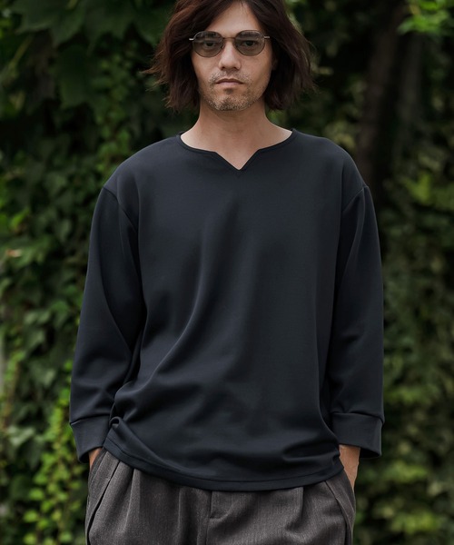 CAMBIO(カンビオ)の「mlt5877- ポンチ7分袖キーネックカットソー(BP-BFA0162)(Tシャツ/カットソー・メンズ・ホワイト/ブラック/ネイビー/グレー・S/M/L)」の5枚目の写真