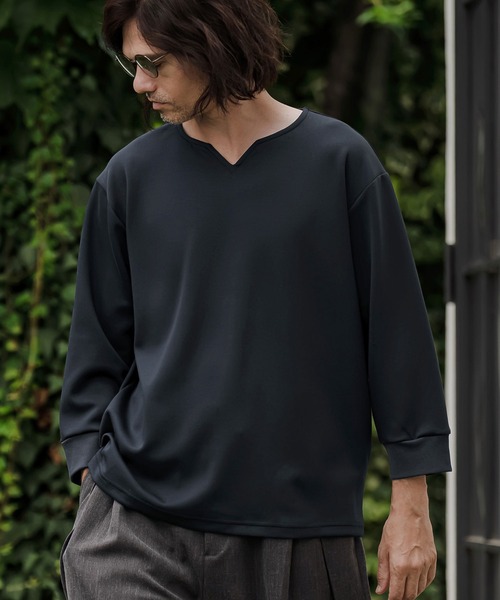 CAMBIO(カンビオ)の「mlt5877- ポンチ7分袖キーネックカットソー(BP-BFA0162)(Tシャツ/カットソー・メンズ・ホワイト/ブラック/ネイビー/グレー・S/M/L)」の6枚目の写真