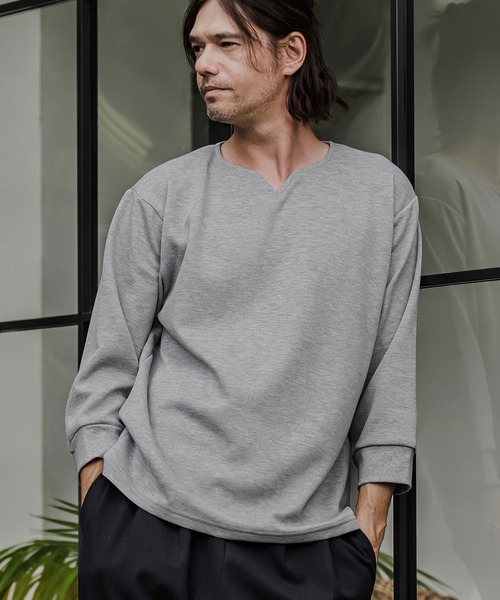 CAMBIO(カンビオ)の「mlt5877- ポンチ7分袖キーネックカットソー(BP-BFA0162)(Tシャツ/カットソー・メンズ・ホワイト/ブラック/ネイビー/グレー・S/M/L)」の13枚目の写真