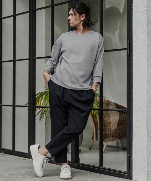 CAMBIO(カンビオ)の「mlt5877- ポンチ7分袖キーネックカットソー(BP-BFA0162)(Tシャツ/カットソー・メンズ・ホワイト/ブラック/ネイビー/グレー・S/M/L)」の15枚目の写真