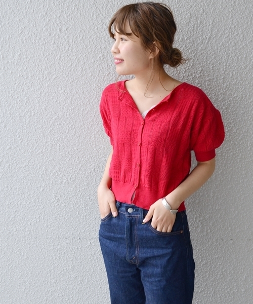 Khaju（カージュ）の「Khaju:ショートスリーブカーディガン（カーディガン/ボレロ・レディース・ホワイト/レッド系その他/ブラック・ONE SIZE）」の3枚目の写真