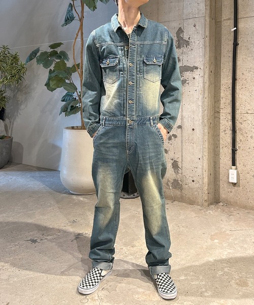 デニム カバーオール オールインワン ツナギ ワークウェア バイカー