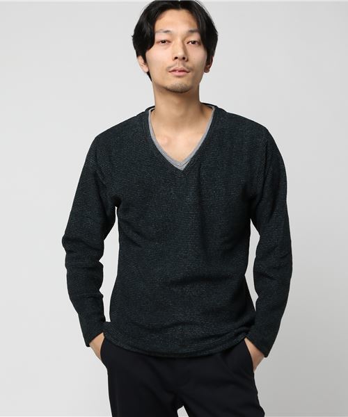 ボーダーブークレフリースフェイクVネックTシャツカットソー ボーダーブークレフリースフェイクVネックTシャツカットソー
