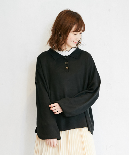 PairPair(ペアペア)の「袖ボリュームニットポロシャツ(ポロシャツ・レディース・ライトグレー/ブラック/ラベンダー・FREE)」の4枚目の写真