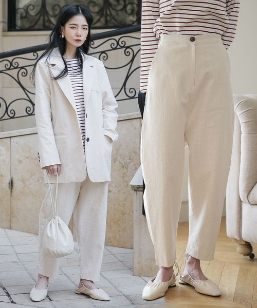 UNE MANSION(ユヌマンション)の「セットアップウエストゴムリネンテーパードパンツ(スラックス)」|ベージュ