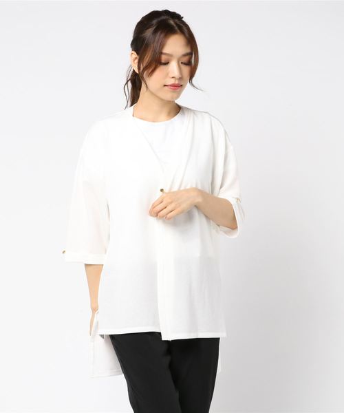 VIBGYOR Women(ヴィブジョー ウィメン)の「ストレッチレーヨンニット 袖口折り返しカーディガン(LC)(カーディガン/ボレロ・レディース・ベージュ/ネイビー/オフホワイト/ローズ・FREE)」の1枚目の写真