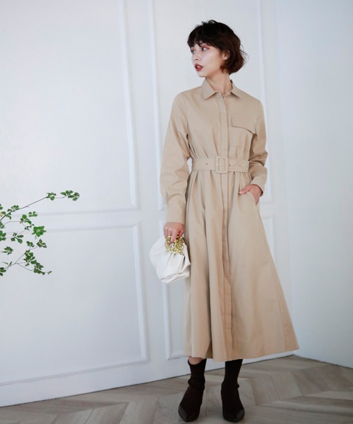 トレンチ風ベルト付前開きロングシャツドレス ワンピース