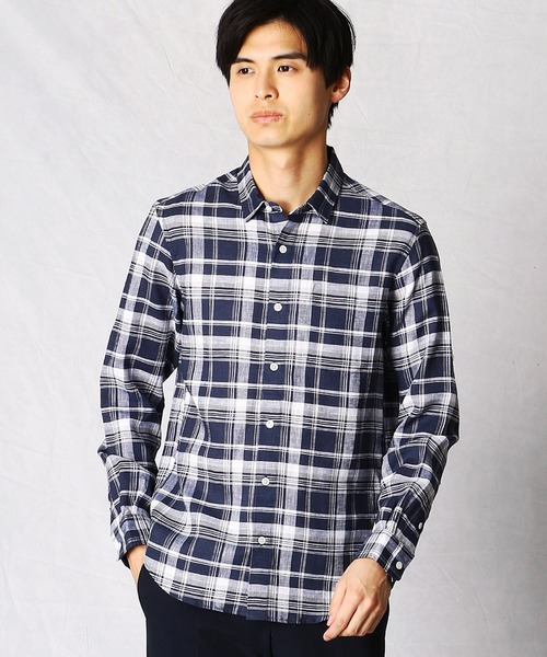 COMME CA MEN(コムサメン)の「ショートポイントカラー リネンチェックシャツ(シャツ/ブラウス・メンズ・ネイビー/ブラウン・SMALL/LARGE/MEDIUM/X-LARGE)」の2枚目の写真