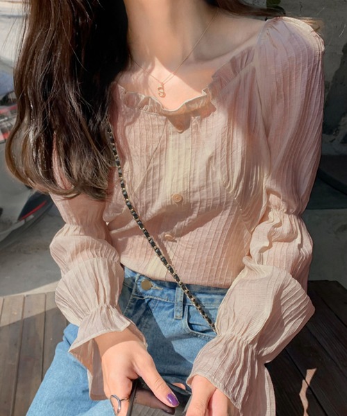 Girly Doll(ガーリードール)の「プチフリル2wayブラウス(シャツ/ブラウス・レディース・ブラック/ベージュ/ピンクベージュ/ブルー・FREE)」の4枚目の写真