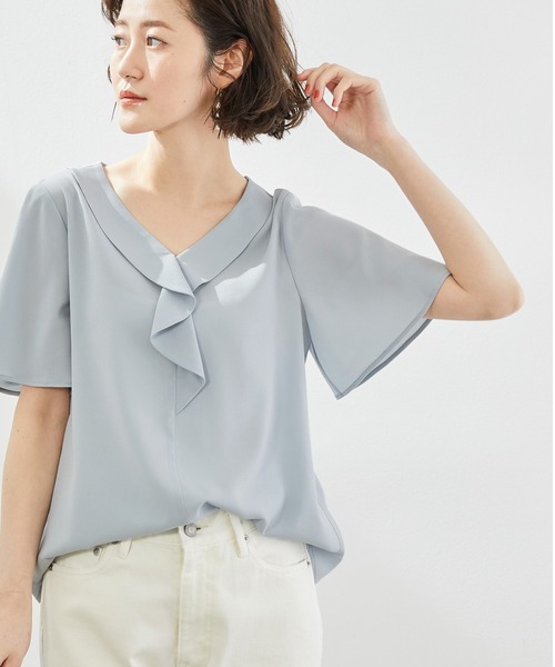ROPE' PICNIC(ロペピクニック)の「ジョーゼットフロントフリルブラウス(シャツ/ブラウス・レディース・ホワイト/ネイビー/サックスブルー/ライトグリーン・40/38)」の4枚目の写真
