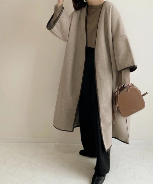 Per sist ence(パーシエンス)の「Per sist ence/パーシエンス ウールライク パイピングノーカラーコート(ノーカラーコート・レディース・ブラック/モカ/ブラウン系・FREE)」の3枚目の写真