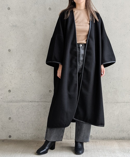 Per sist ence(パーシエンス)の「Per sist ence/パーシエンス ウールライク パイピングノーカラーコート(ノーカラーコート・レディース・ブラック/モカ/ブラウン系・FREE)」の2枚目の写真