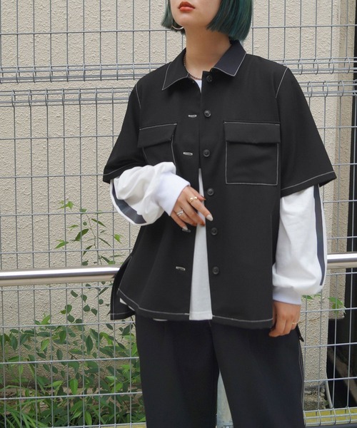 179/WG(イチナナキュウダブルジー)の「配色ステッチ半袖CPOシャツ(シャツ/ブラウス・レディース・ブラック/ベージュ/グレー・MEDIUM)」の2枚目の写真