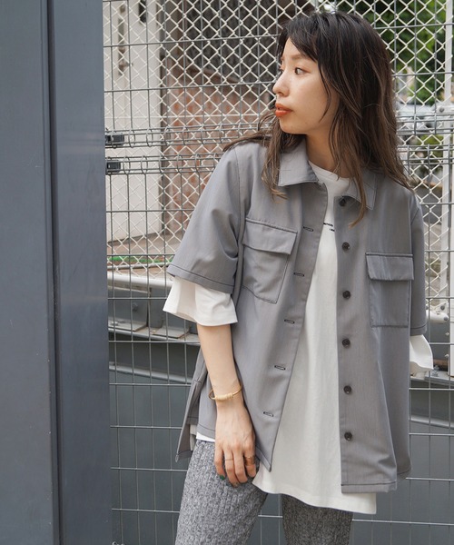 179/WG(イチナナキュウダブルジー)の「配色ステッチ半袖CPOシャツ(シャツ/ブラウス・レディース・ブラック/ベージュ/グレー・MEDIUM)」の8枚目の写真