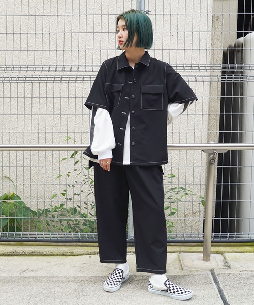 179/WG(イチナナキュウダブルジー)の「配色ステッチ半袖CPOシャツ(シャツ/ブラウス・レディース・ブラック/ベージュ/グレー・MEDIUM)」の7枚目の写真