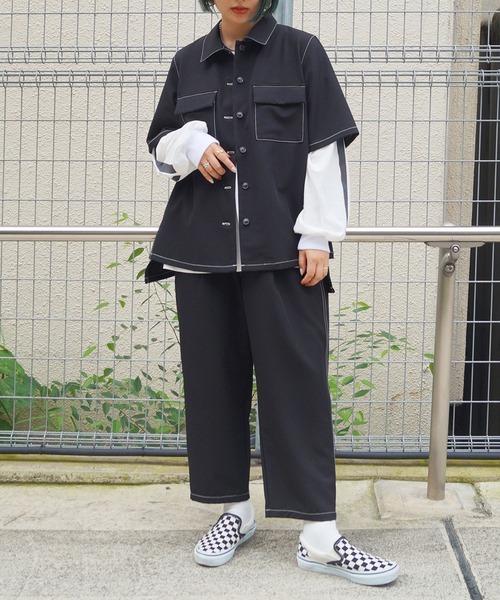 179/WG(イチナナキュウダブルジー)の「配色ステッチ半袖CPOシャツ(シャツ/ブラウス・レディース・ブラック/ベージュ/グレー・MEDIUM)」の6枚目の写真