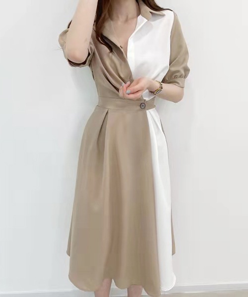 Passion（パッション）の「Vネック　配色ロングワンピース（ワンピース・レディース・ベージュ/ネイビー/ブラック/ベージュ系その他・FREE）」の2枚目の写真