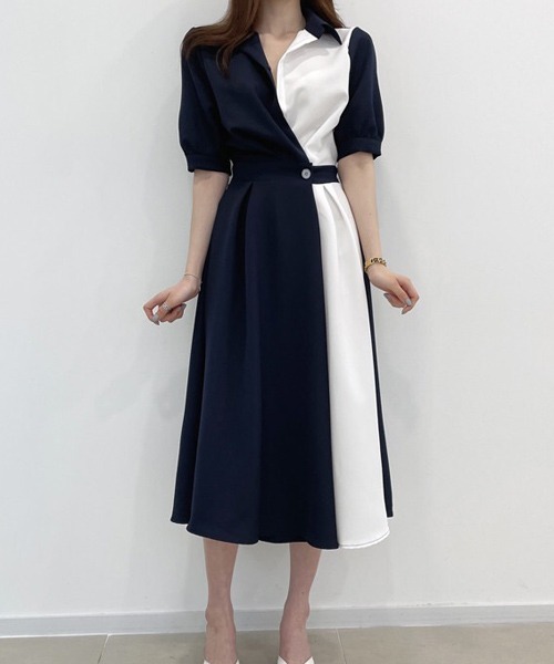 Passion（パッション）の「Vネック　配色ロングワンピース（ワンピース・レディース・ベージュ/ネイビー/ブラック/ベージュ系その他・FREE）」の4枚目の写真