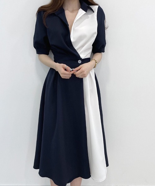 Passion（パッション）の「Vネック　配色ロングワンピース（ワンピース・レディース・ベージュ/ネイビー/ブラック/ベージュ系その他・FREE）」の18枚目の写真