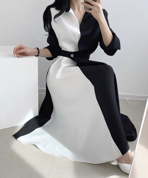 Passion（パッション）の「Vネック　配色ロングワンピース（ワンピース・レディース・ベージュ/ネイビー/ブラック/ベージュ系その他・FREE）」の22枚目の写真