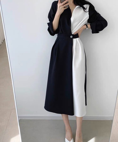 Passion（パッション）の「Vネック　配色ロングワンピース（ワンピース・レディース・ベージュ/ネイビー/ブラック/ベージュ系その他・FREE）」の21枚目の写真