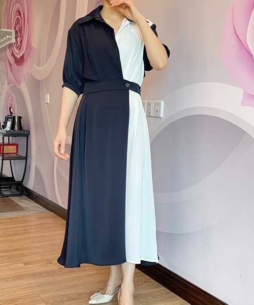 Passion（パッション）の「Vネック　配色ロングワンピース（ワンピース・レディース・ベージュ/ネイビー/ブラック/ベージュ系その他・FREE）」の5枚目の写真