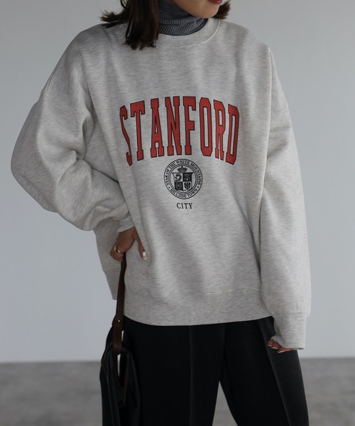 ap retro（アプレトロ）の「【裏起毛】カレッジロゴプリントルーズプルオーバー（スウェット・レディース・オフホワイト/杢グレー/グリーン/ブルー・FREE）」の2枚目の写真