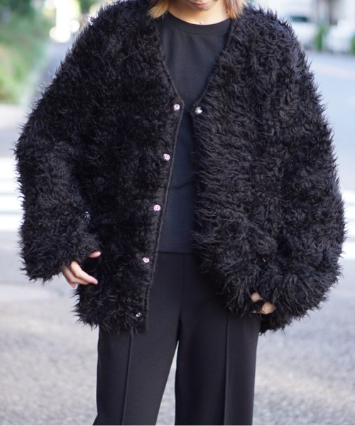 SUNNY  SPORTS（サニースポーツ）の「SUNNY SPORTS/サニースポーツ CURLY FLEECE BIGGEST CARDIGAN（ノーカラージャケット・メンズ・ブラック/ブラウン/ベージュ・SMALL/LARGE/MEDIUM）」の2枚目の写真