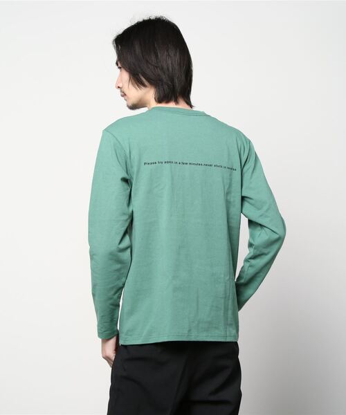 TRAP/U (トラップユー)の「フロント メッセージプリント コットン 天竺 ロングTシャツ(Tシャツ/カットソー・メンズ・グリーン系その他/ブラック/ホワイト・L/M)」の11枚目の写真