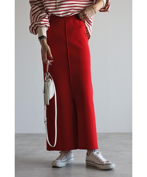 Bonjour Sagan（ボンジュールサガン）の「カラーニットIラインスカート（スカート・レディース・ブラック/レッド/グリーン・FREE）」の3枚目の写真