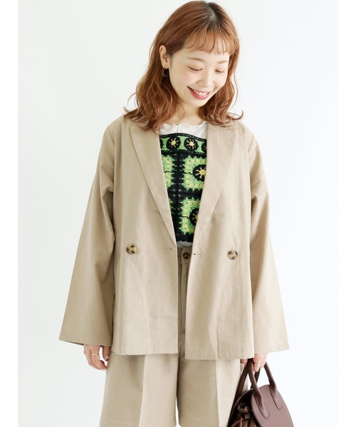 ehka sopo（エヘカソポ）の「リネン混テーラードジャケット(セットアップ可)（ノーカラージャケット・レディース・ベージュ/キナリ/グリーン・ﾌﾘ-）」の2枚目の写真