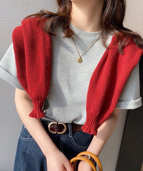 Doula Doula(ドゥーラドゥーラ)の「ワッフルクルーネックトップス(Tシャツ/カットソー・レディース・ホワイト/ブラック/グレー/ベージュ/ピンク/ブラウン/オレンジ・FREE)」の3枚目の写真