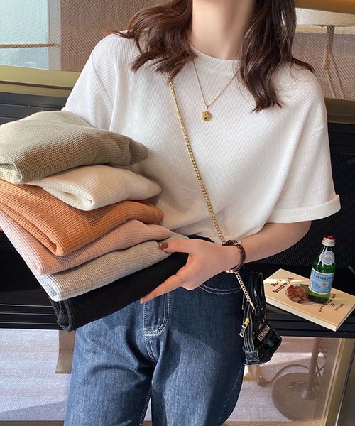 Doula Doula(ドゥーラドゥーラ)の「ワッフルクルーネックトップス(Tシャツ/カットソー・レディース・ホワイト/ブラック/グレー/ベージュ/ピンク/ブラウン/オレンジ・FREE)」の19枚目の写真