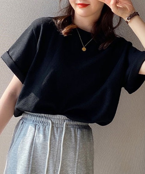 Doula Doula(ドゥーラドゥーラ)の「ワッフルクルーネックトップス(Tシャツ/カットソー・レディース・ホワイト/ブラック/グレー/ベージュ/ピンク/ブラウン/オレンジ・FREE)」の8枚目の写真