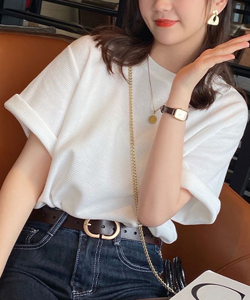 Doula Doula(ドゥーラドゥーラ)の「ワッフルクルーネックトップス(Tシャツ/カットソー・レディース・ホワイト/ブラック/グレー/ベージュ/ピンク/ブラウン/オレンジ・FREE)」の14枚目の写真