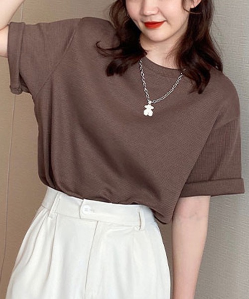 Doula Doula(ドゥーラドゥーラ)の「ワッフルクルーネックトップス(Tシャツ/カットソー・レディース・ホワイト/ブラック/グレー/ベージュ/ピンク/ブラウン/オレンジ・FREE)」の20枚目の写真