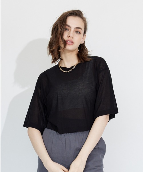 ALEXIA STAM（アリシアスタン）の「Basic Sheer Cropped Tee/ベーシックシアークロップドT（Tシャツ/カットソー・レディース・ベージュ/ブラック・FREE）」の2枚目の写真