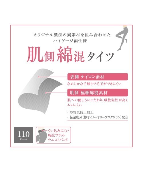 GUNZE（グンゼ）の「肌にやさしい　肌側綿混タイツ　110デニール（タイツ/ストッキング・レディース・ブラック/チャコール・LARGE/MEDIUM）」の3枚目の写真